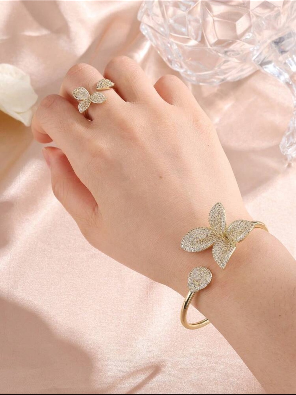Gold Floral Crystal Leaf Bracelet and Ring Set